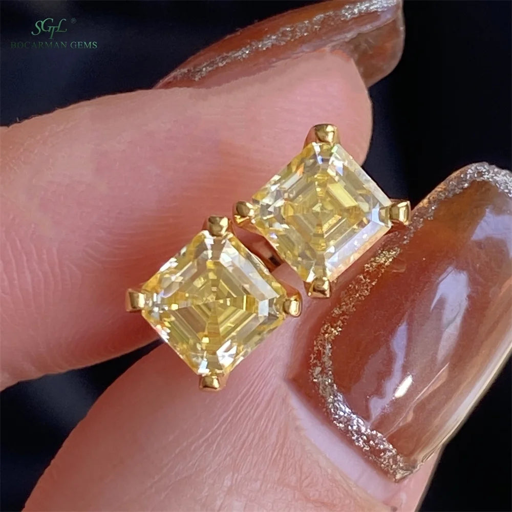 Classic Asscher Cut GRA Moissanite Stud Earrings 1ct-2ct S925 Silver 4Prong Setting in Stock Gold/Silver for Women