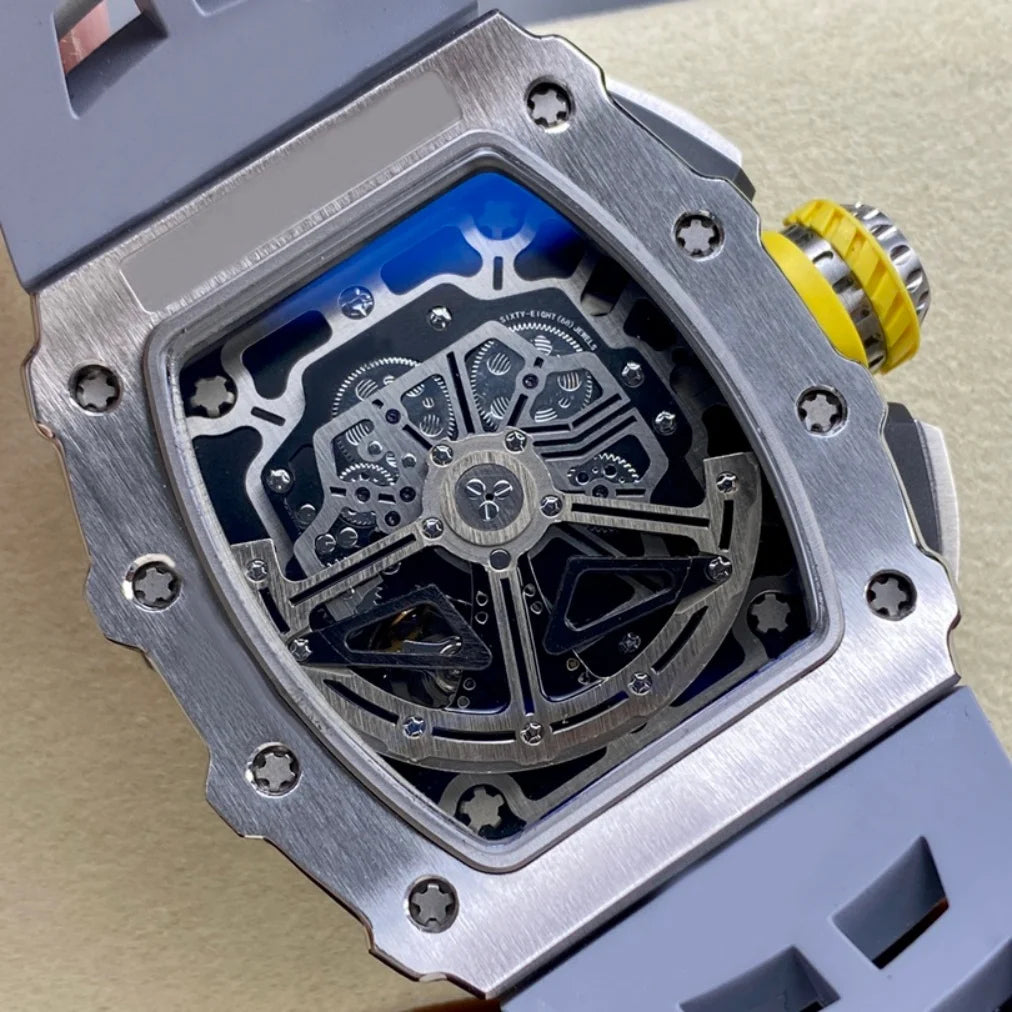 Luxury RM11-03 Style Skeleton Flyback Chronograph Automatic Watch Ti Metal Carbon Tonneau Case Rubber Strap Men Sports Watch