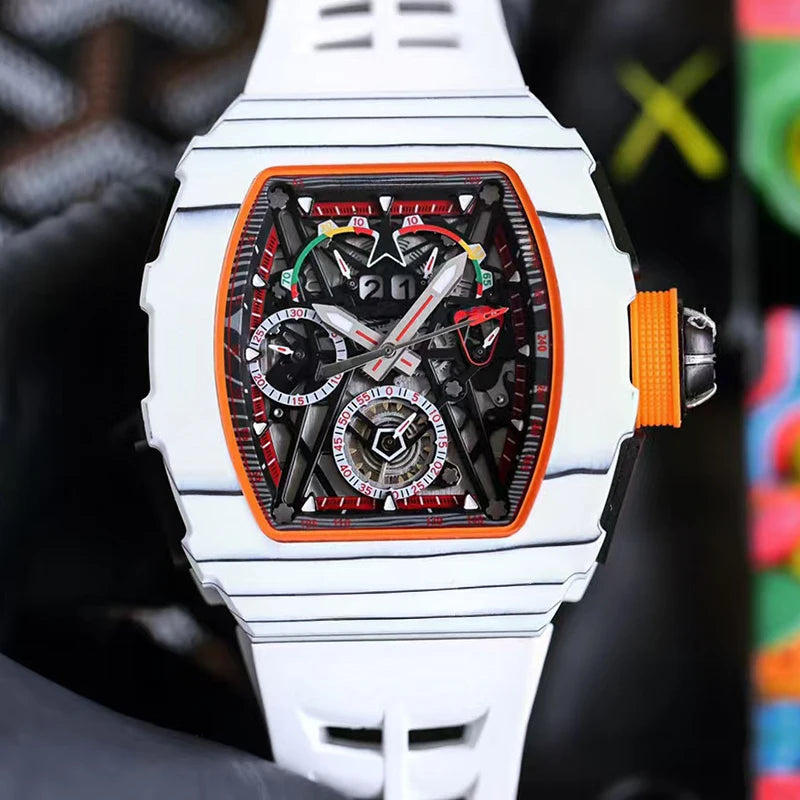 Custom Limited Edition Luxury Racing Style Lightweight Mechanical Carbon Fiber Tonneau Wristwatch Skeletonized Movement Pointer