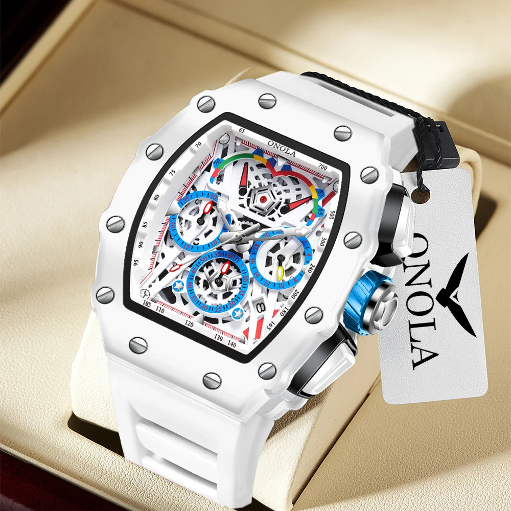 ONOLA ON6827W New Fashion Mens Tonneau Watch Waterproof Chronograph Quartz Sports Silicone Strap Yellow Wristwatch Luxury Clock