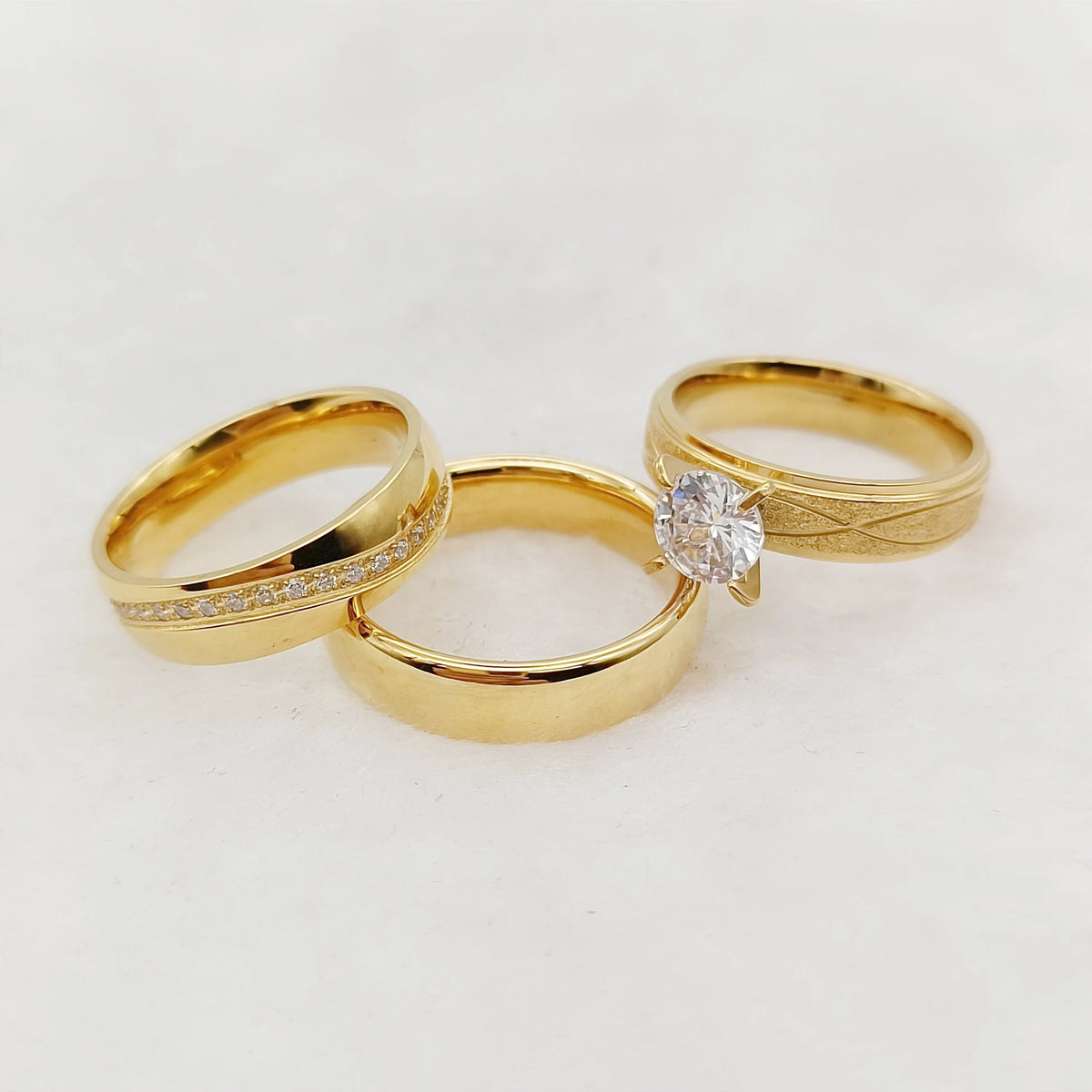 Cubic Zirconia Diamond 24k Gold Plated Jewelry Couples Wedding Engagement Rings Bridal Sets Comfort Fit