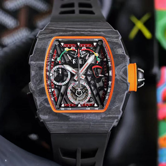 Custom Limited Edition Luxury Racing Style Lightweight Mechanical Carbon Fiber Tonneau Wristwatch Skeletonized Movement Pointer